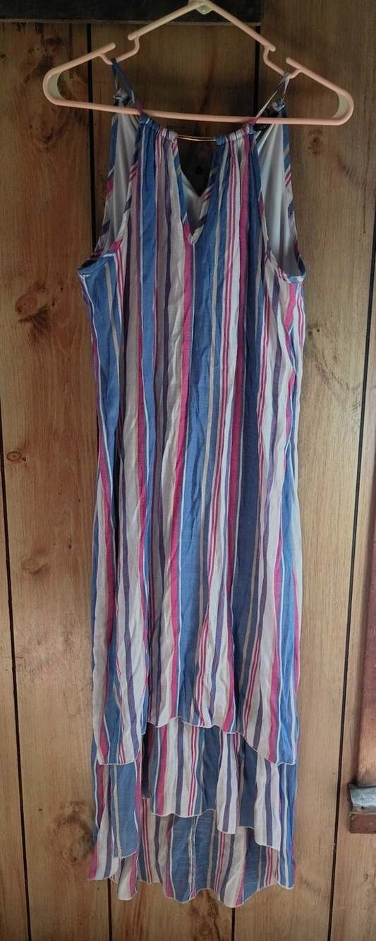 Striped High Low Maxi Dress Womens Medium Cascading Ruffles Blue Pink Boho Chic